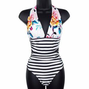 Cupshe Swimsuit One Piece Size Small Halter Floral Black White Stripe NWT